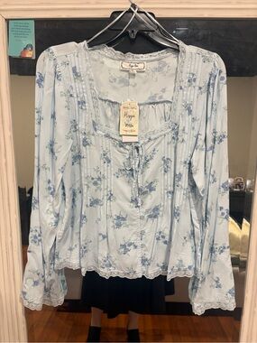 Hippie Rose Light Blue Floral Button-Up Tie-Neck Long Sleeve Top
